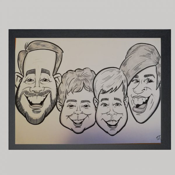 four person family black and white hand drawn caricature