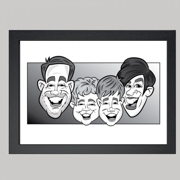 four person family digital monochrome caricature