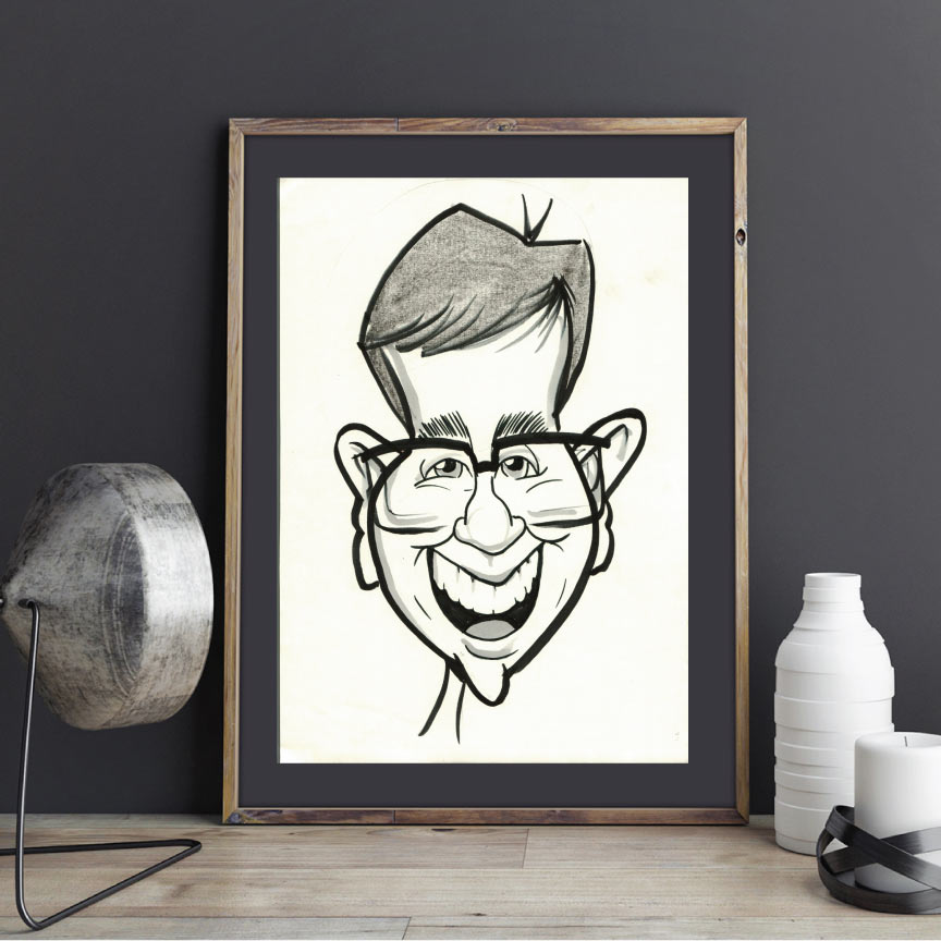 Man with glasses black and white caricature frame
