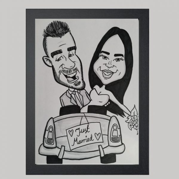 just married black and white caricature
